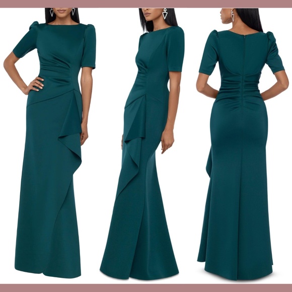 NEW $229‎ XSCAPE [ 18W ] Side Ruched Ruffle Details Scuba Crepe Gown Green - Picture 1 of 14